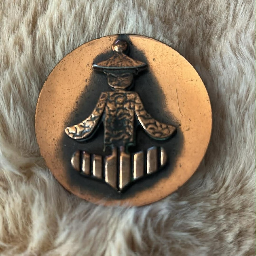 Vintage Copper Brooch with Asian Motif 2”